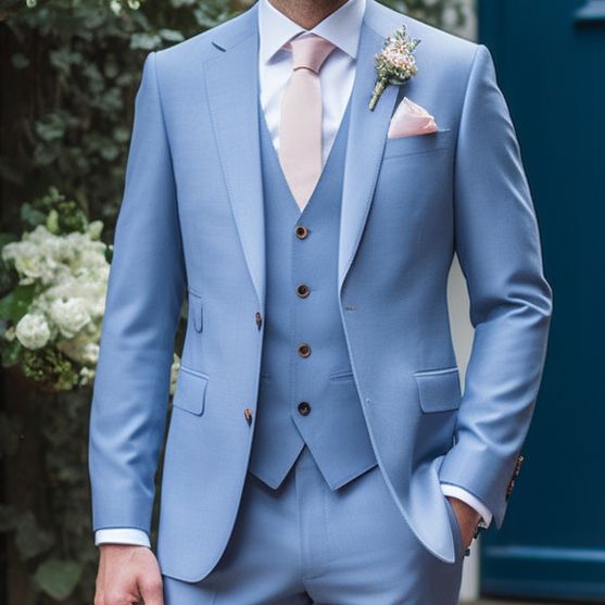 Costume bleu ciel de mariage cravate rose
