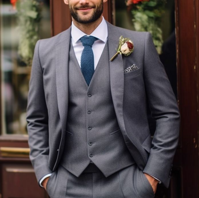Costume gris de mariage cravate bleue