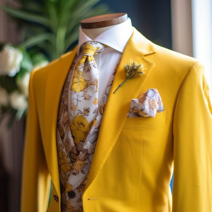 Costume jaune de mariage et gilet fleuri