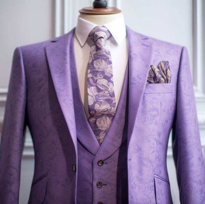 Costume violet de mariage gilet fleuri