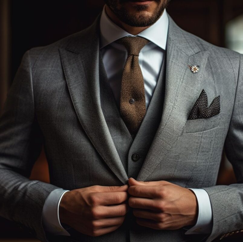 Costume gris foncé 3 pièces cravate marron
