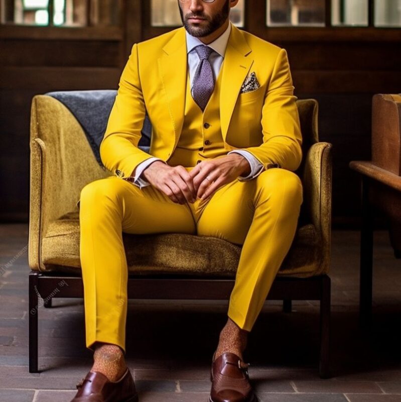 Costume jaune business cravate pourpre