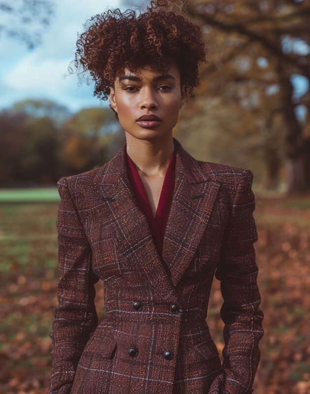 Tailleur bordeaux en tweed pour l'automne