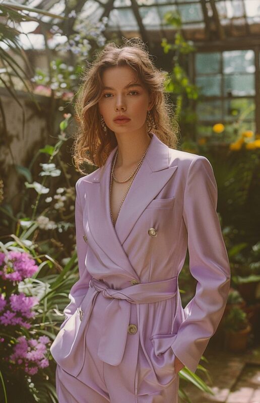 Tailleur lilas clair en soie pour fête printanière