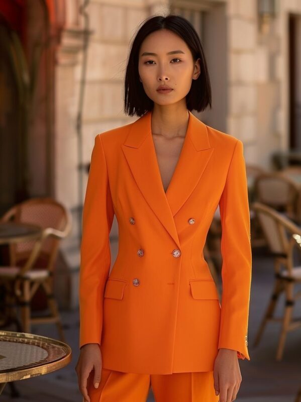 Tailleur orange mandarine fashion avec veste longue