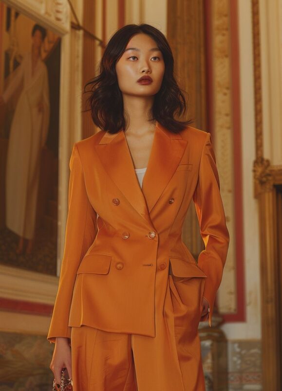 Tailleur terracotta argile cintré en soie avec veste longue