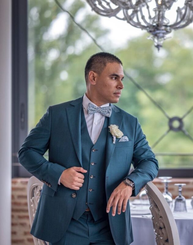 Costume 3 pièces bleu canard mariage sur mesure