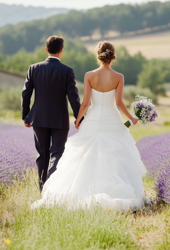 couple marié de dos dans un champ