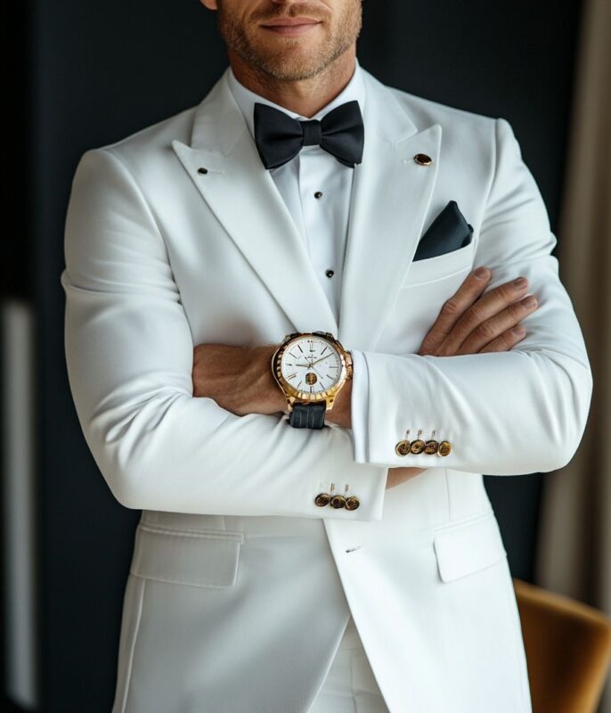Costume blanc moderne avec noeud papillon