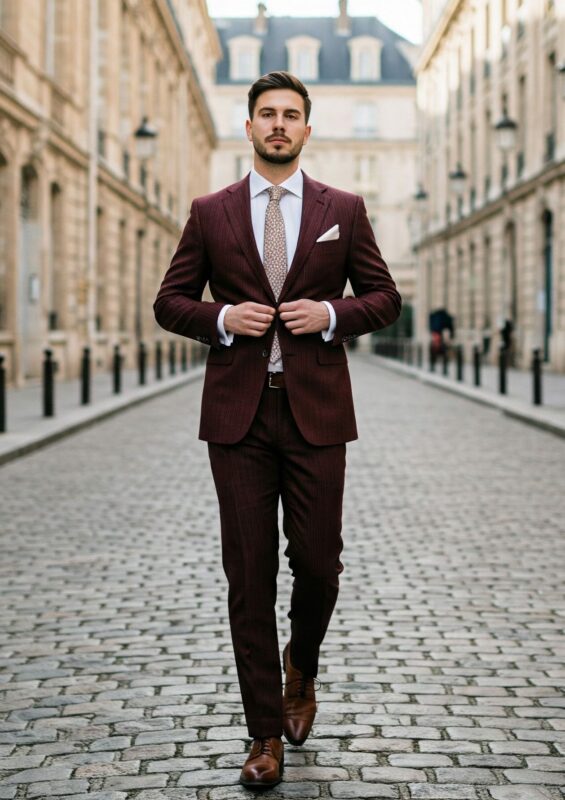 Costume bordeaux à rayures pour mariage