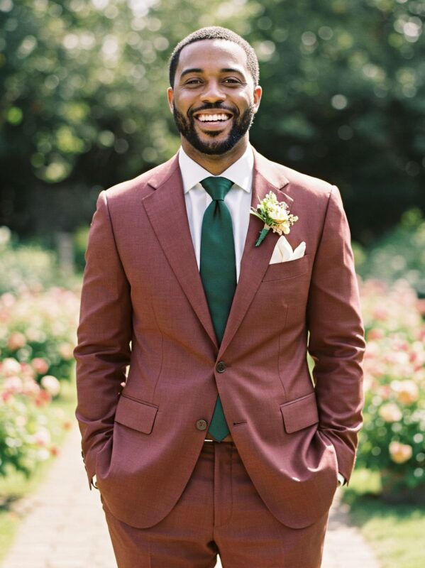 Costume bordeaux clair en soie pour mariage