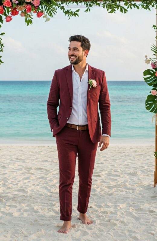 Costume bordeaux en coton léger pour mariage