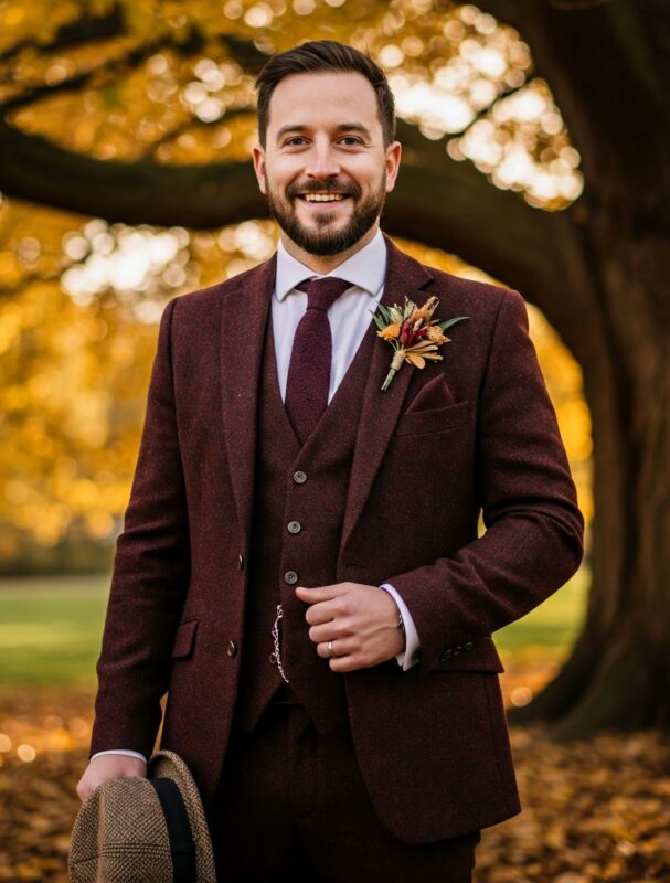 Costume de mariage bordeaux en tweed