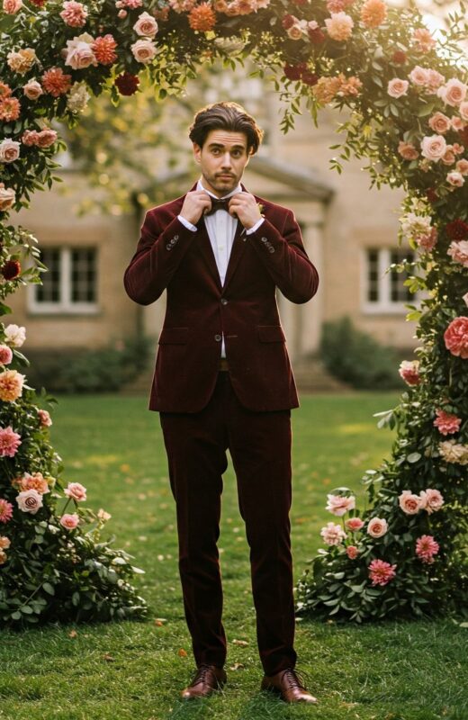 Costume de mariage bordeaux en velours côtelé rétro