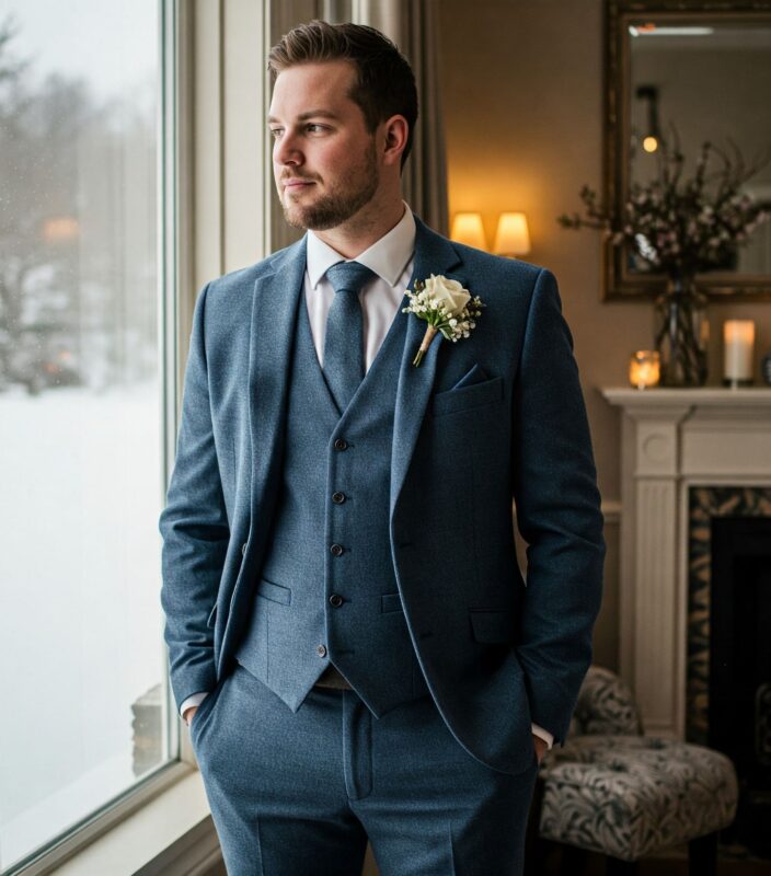 Costume mariage 3 pièces bleu ardoise en flanelle