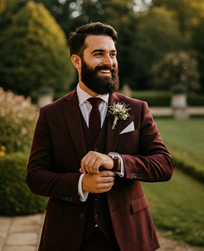 Costume mariage bordeaux en laine trois pièces élégant