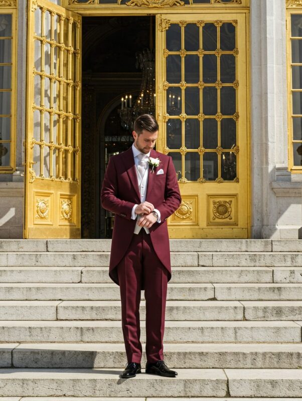 Costume mariage bordeaux en queue de pie