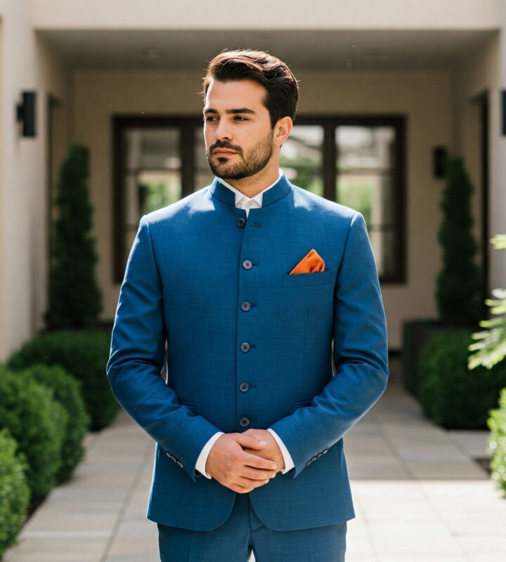 Costume mariage col Mao bleu minéral en laine froide