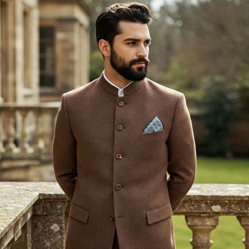 Costume mariage col Mao crème clair en laine