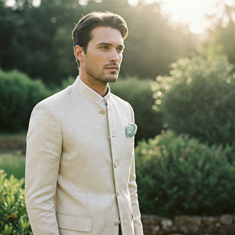 Costume mariage col Mao crème clair en laine et soie