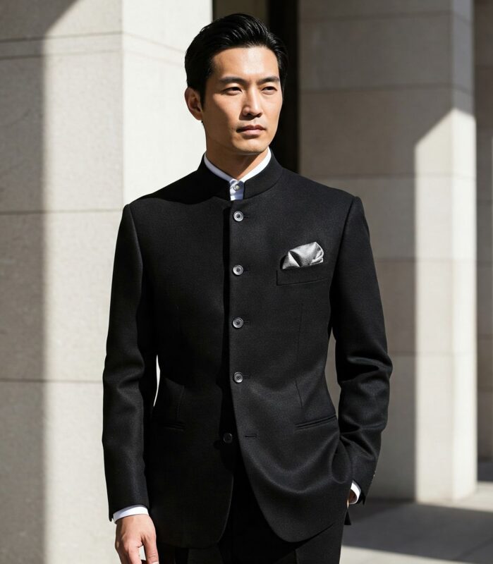 Costume mariage col Mao noir profond en laine