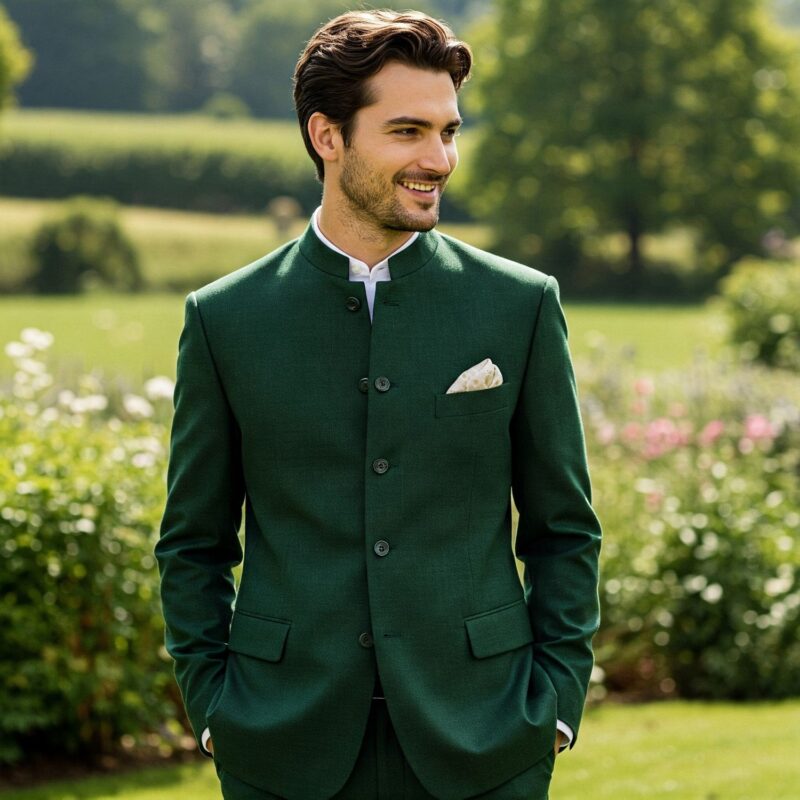 Costume mariage col Mao vert forêt en laine et soie