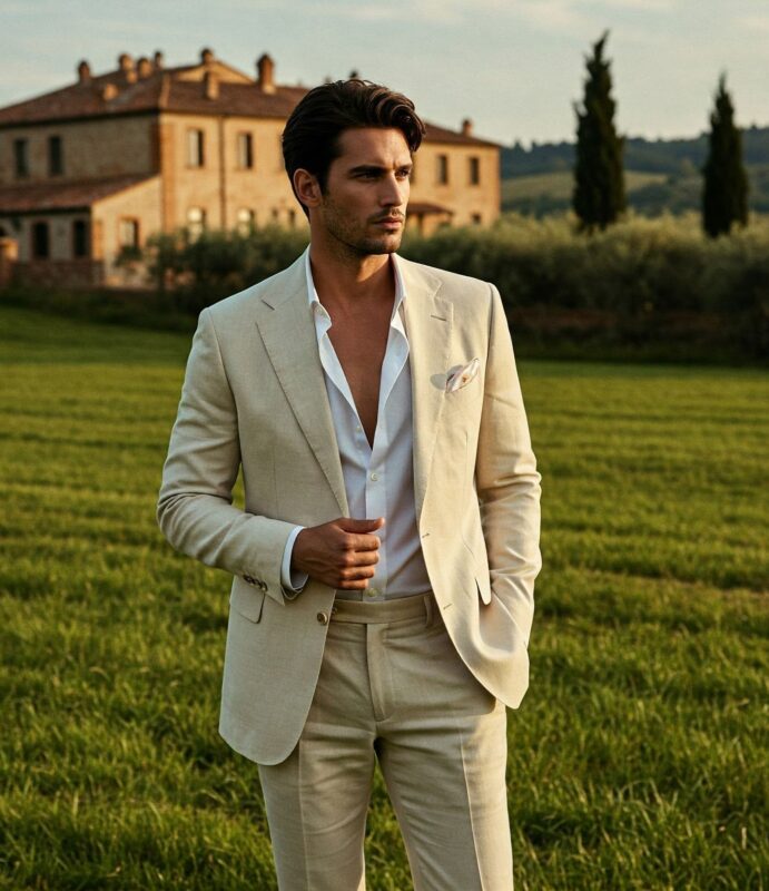 Costume mariage italien 2 pièces laine-soie crème uni