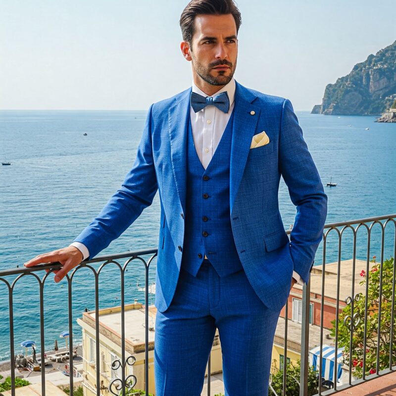Costume mariage italien 3 pièces laine bleu électrique fil-à-fil