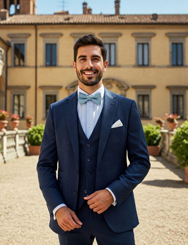 Costume mariage italien 3 pièces laine bleu marine Prince-de-Galles