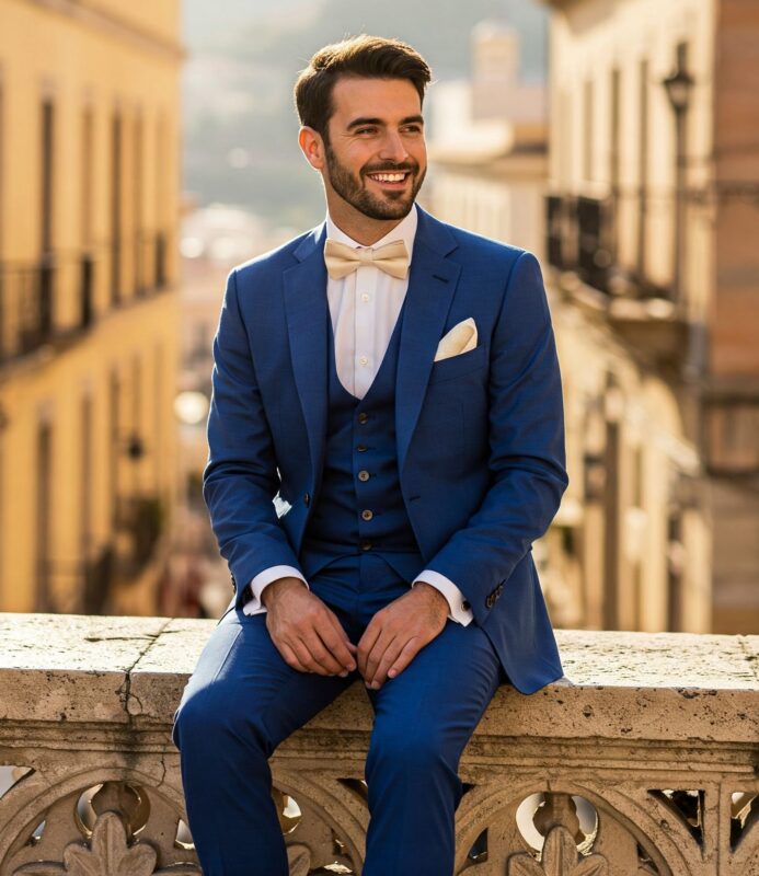 Costume mariage italien 3 pièces laine-soie bleu roi