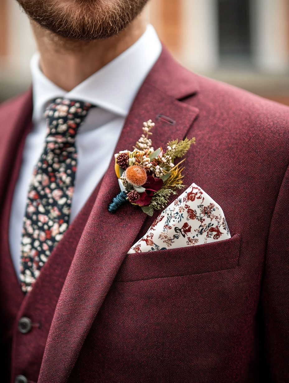 marié en costume bordeaux sur mesure
