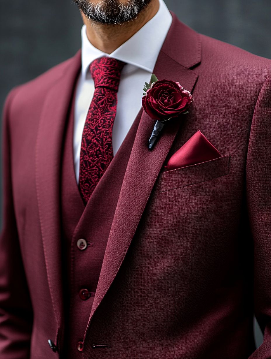 photo de près d'un costume de mariage bordeaux