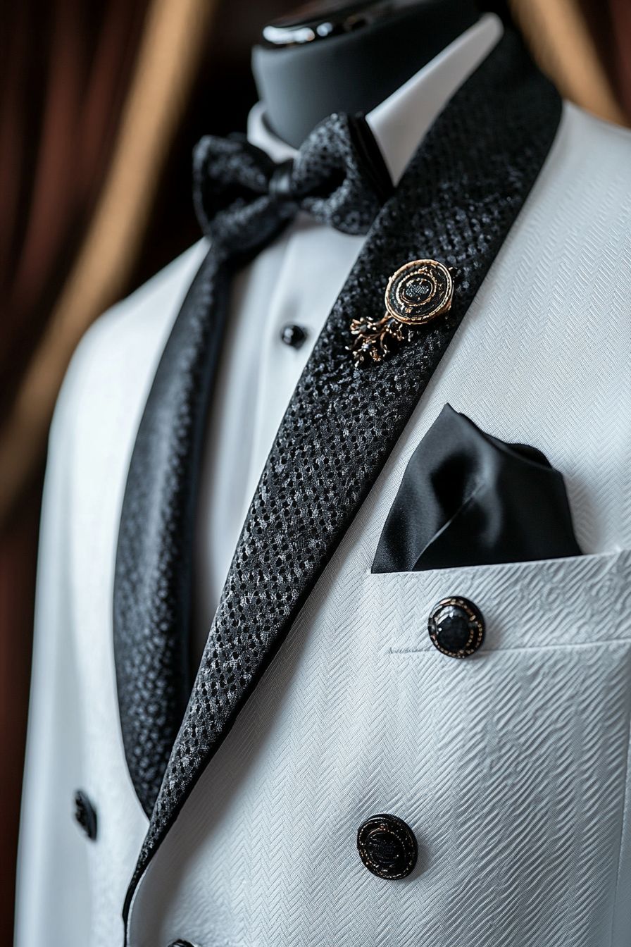 zoom sur un costume blanc et noeud papillon blanc pour mariage