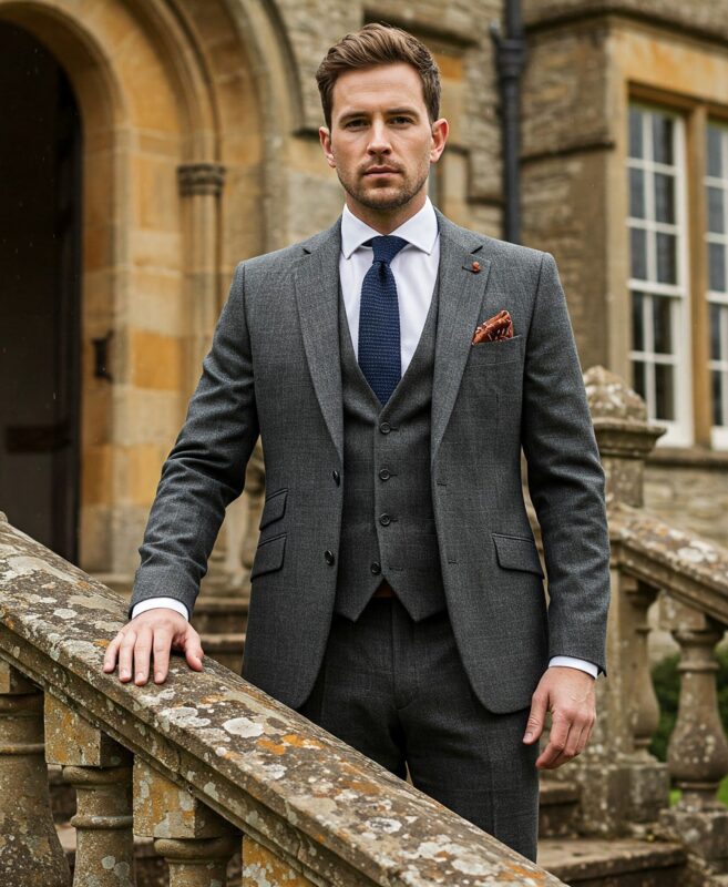 Costume anglais Prince de Galles gris anthracite trois pièces