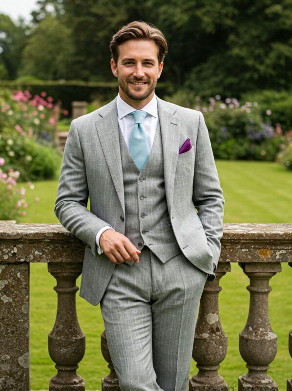 Costume anglais en lin & laine gris clair à rayures