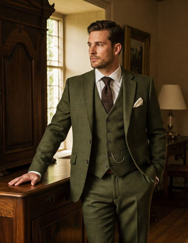 Costume anglais en tweed vert olive trois pièces