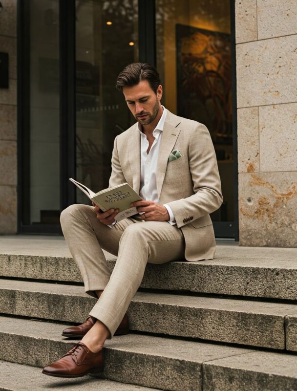 Costume beige Prince de Galles en laine-lin