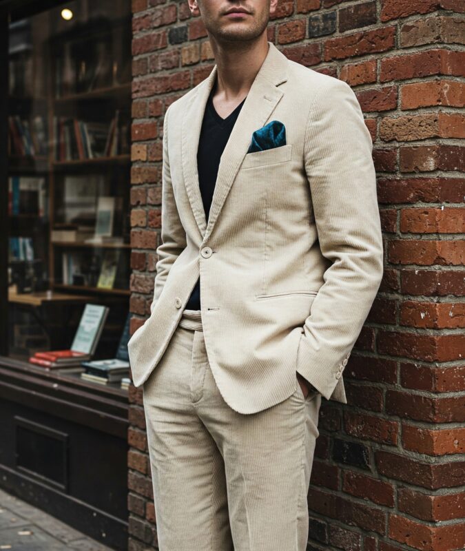 Costume beige crème en velours côtelé
