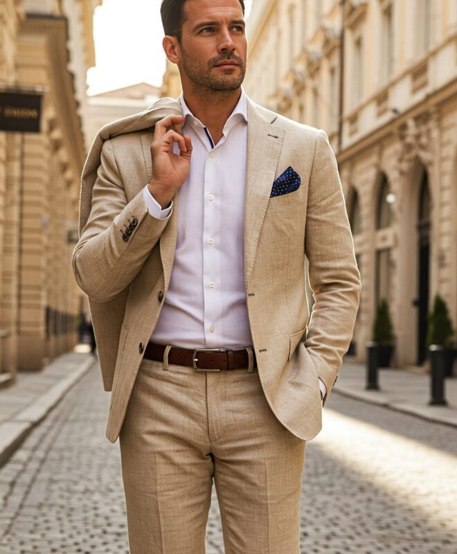 Costume beige en lin & laine sur mesure