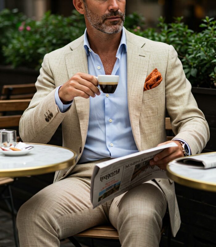 Costume beige en seersucker sur mesure