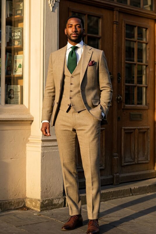 Costume beige en tweed léger trois pièces