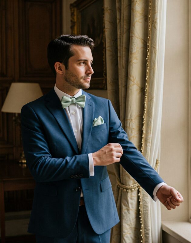 Costume de mariage anglais bleu nuit en laine & soie