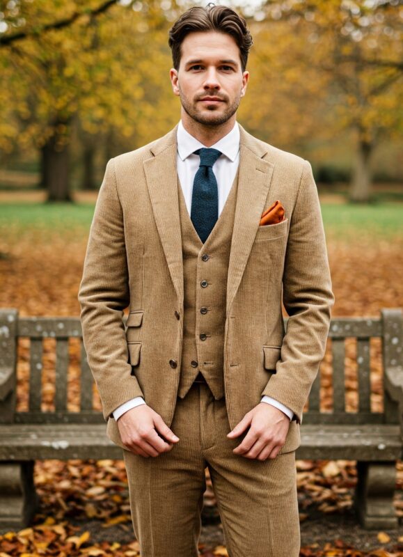 Costume de mariage anglais en velours côtelé beige trois pièces