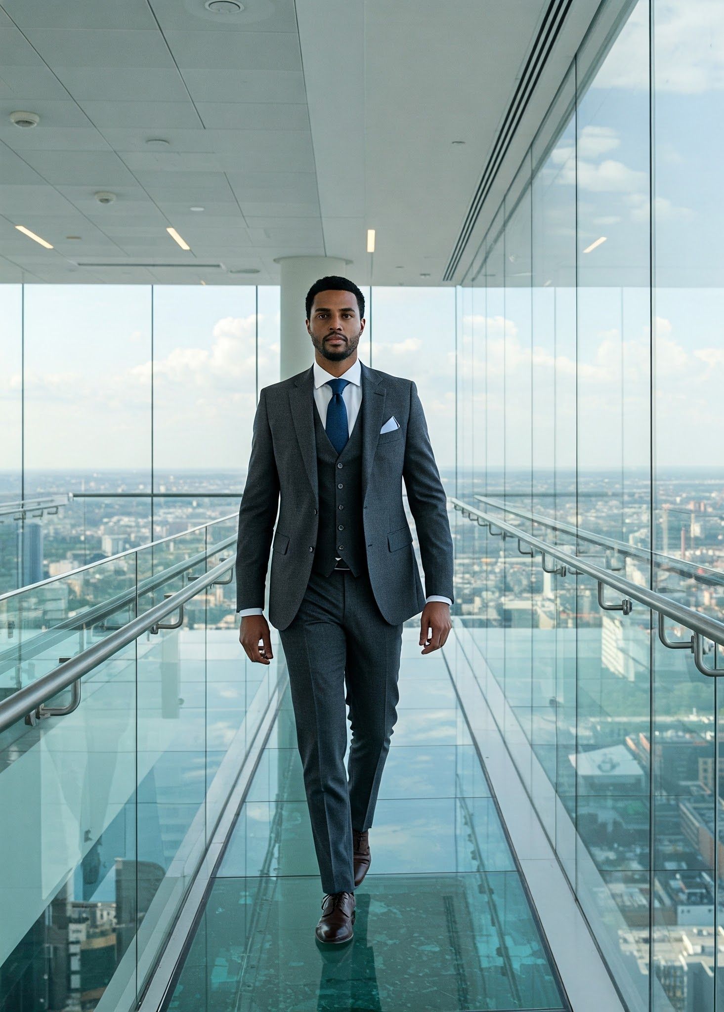 Homme d'affaires marchant à l'intérieur d'un bureau moderne en costume 3 pièces
