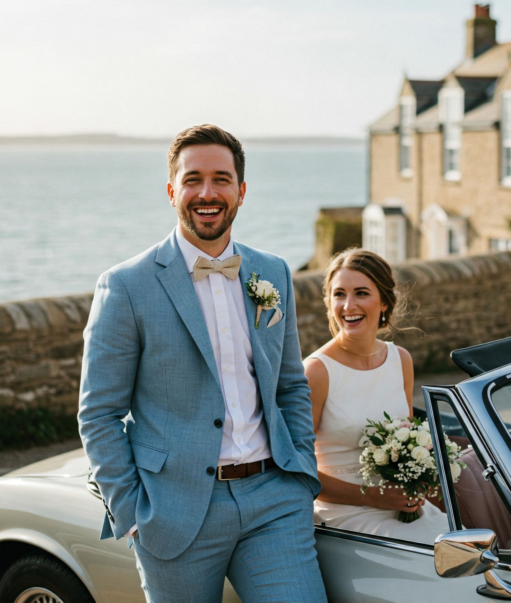 marié en costume anglais bleu clair sortant d'une voiture de collection avec la mariée