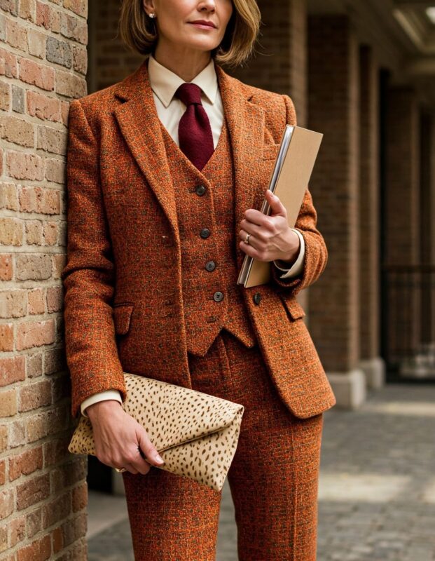 Tailleur orange brulé trois pièces en tweed pour femme