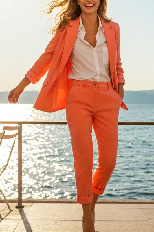 Tailleur orange corail en seersucker pour femme