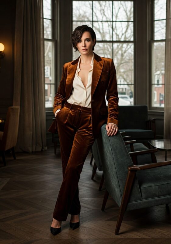 Tailleur orange cuivré en velours pour femme