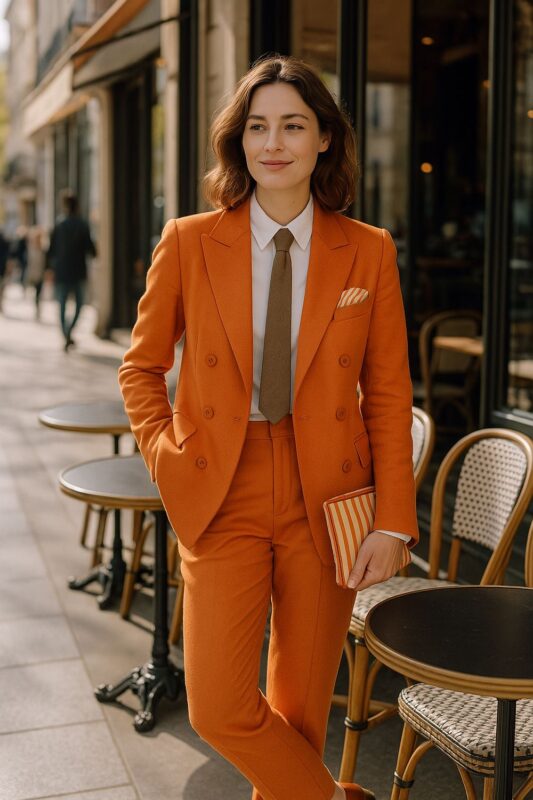 Tailleur orange mandarine croisé en coton pour femme