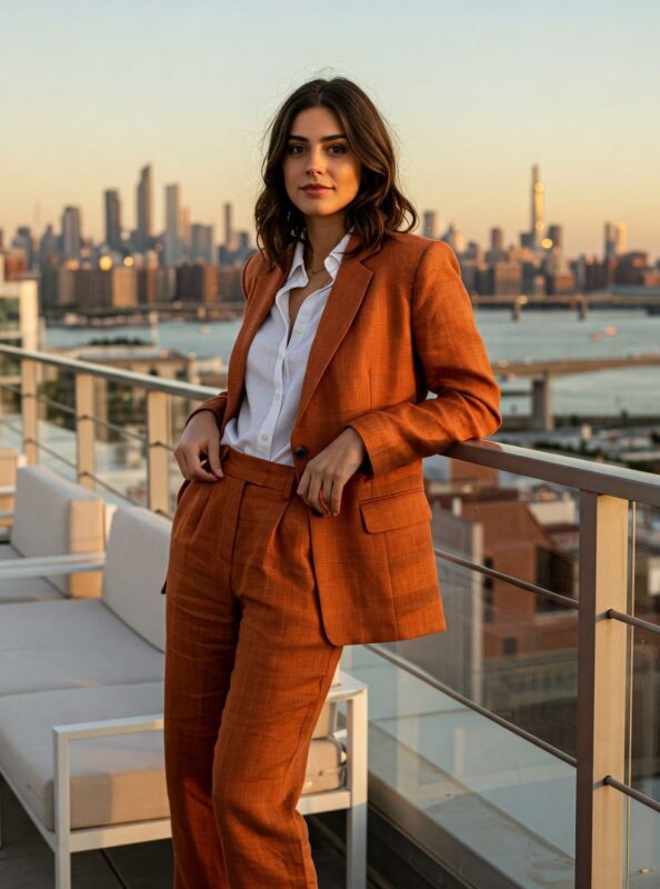 Tailleur orange rouille en lin pour femme